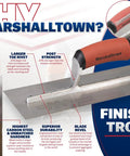 Pro Grade High Carbon Steel Finishing Trowel with DuraSoft Handle and Xtralite Aluminum Mounting shown with features highlighted