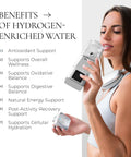 Person using Hydrogen Water Bottle Generator Pro Portable Alkaline H2O Machine next to list of benefits of hydrogen-enriched water.