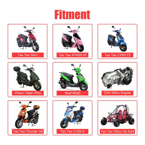 Image showing fitment options for GY6 Ignition Coil CDI Box Kit, featuring various Tao Tao scooters, ATVs, and a go-kart.