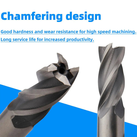 Pro Grade HSS Square Nose End Mill Set With 4 Flute Straight Cutters, 6 Imperial Sizes, shown with chamfering design for metalworking