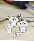 Stainless Steel Dowel Pin Set Five Pack With Dowel Center Transfer Plugs In 6Mm 8Mm 10Mm And 12Mm for precise hole alignment on wood surface.