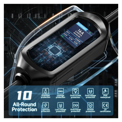 Close-up of Plug N Play Portable EV Charger J1772 To Type2 7Kw 32A with display screen showing charging status and protection features.