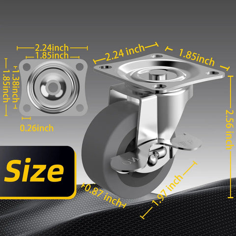 2 Inch Heavy Duty Caster Wheels Set Of 4 With Brakes Locking Swivel Casters With Rubber Wheels For Furniture Carts And Workbenches Durable Industrial Grade Steel Frame size dimensions