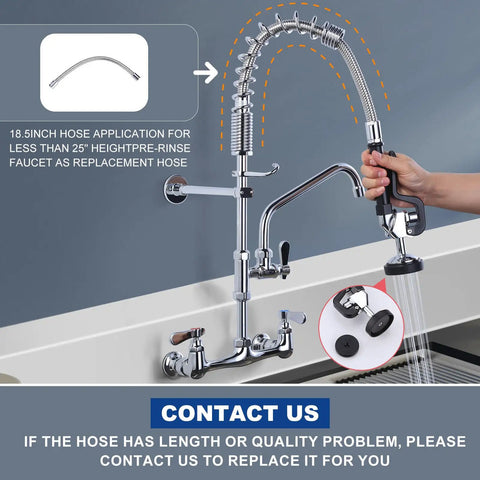 Pro Grade Commercial Kitchen Faucet With Pre Rinse Sprayer Wall Mount Eight Inch Center Nine Point Six Inch Swing Add On Spout Twenty Five Inch Height Pull Down Spray For Busy Prep Stations showing installed view with flexible spout.