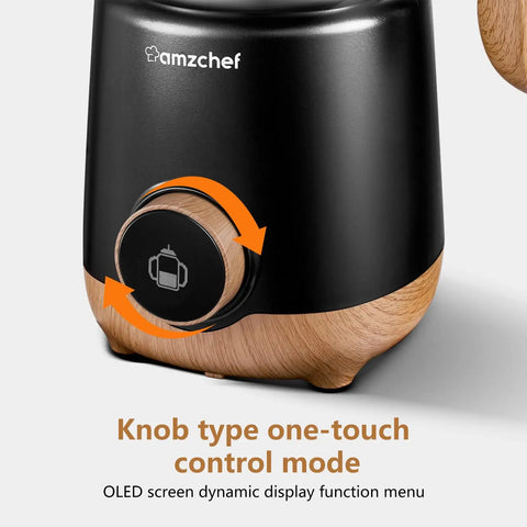Close-up of 8 In 1 Milk Frother And Steamer With 550 Watts Power, featuring control knob for easy operation and wooden finish base.