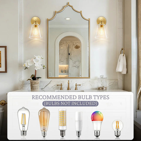 Gold Wall Sconces Set Of 2 Modern Industrial Brass Wall Lamps For Bedroom Living Room Kitchen Over Sink Hallway With Clear Cone Glass Shades Warm Ambient Lighting Easy Install Perfect For Bath Vanities