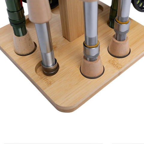 Eight Rod Floor Stand For Fishing Poles Bamboo Base Storage Rack With Soft Ring Protectors showing rod slots
