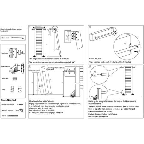 Installation diagram for Super Sturdy Retractable Sliding Ladder Track Hardware Kit For Heavy Duty Steel Floor Roller Mobile Ladder System, 300 Cm Track, Quiet Glide Rail For Library And Home, Easy Install, Smooth Operation, Safe Reach And Smart Storage.