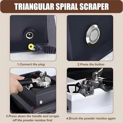 Instructions for using the Slick Electric Portafilter Cleaner For 58 Mm Espresso Machines and Triangular Spiral Scraper.