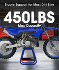 Detachable Universal Motorcycle Stand With Anti-Skid Support in garage, holding blue dirt bike, 450 lbs max capacity