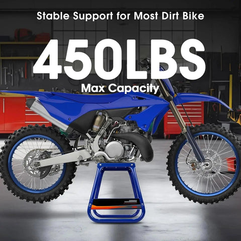 Detachable Universal Motorcycle Stand With Anti-Skid Support in garage, holding blue dirt bike, 450 lbs max capacity