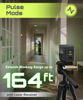 Mini Self-Leveling Green Laser Level for Picture Hanging and Construction, Cross Line Laser with Precise Level and Plumb, Includes Magnetic Rotating Stand and Batteries, Ultra Compact, Portable Go-To DIY Tool for Home Reno. Pulse mode green laser level on tripod in hallway, 164 ft range with receiver