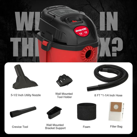 Tiny But Mighty One Gallon Wet Dry Vacuum With Fold Down Handle And Wall Bracket with accessories shown.