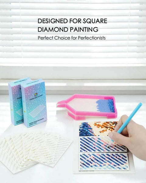 9 Piece Diamond Painting Zigzag Ruler Set For Beginners with square kit, packaging, and tray on a white table.