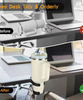 Heavy Duty Desk Cup Holder With Secure Clip For Tumbler And Mug Keep Your Brew Locked Tight And No Mess On Any Workspace Game Changer For Daily Grind Office Setup before and after comparison on desk with laptop.