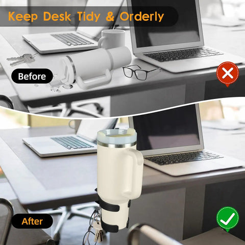 Heavy Duty Desk Cup Holder With Secure Clip For Tumbler And Mug Keep Your Brew Locked Tight And No Mess On Any Workspace Game Changer For Daily Grind Office Setup before and after comparison on desk with laptop.