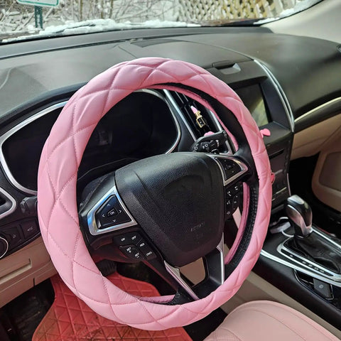 Sweet Baby Pink Steering Wheel Cover Soft Microfiber Leather Universal 15 Inch Thick Quilted Non Slip Pad in car interior.