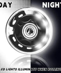 Day and night view of 76mm inline skate wheel with LED lights, part of 8 Pack 76mm Inline Skate Wheels With Bearings For Indoor And Outdoor Replacement, High Performance 82A Polyurethane For Smooth Rides And Upgrades, Durable Black Wheels Built For Everyday Skating.