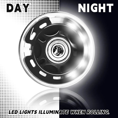 Day and night view of 76mm inline skate wheel with LED lights, part of 8 Pack 76mm Inline Skate Wheels With Bearings For Indoor And Outdoor Replacement, High Performance 82A Polyurethane For Smooth Rides And Upgrades, Durable Black Wheels Built For Everyday Skating.