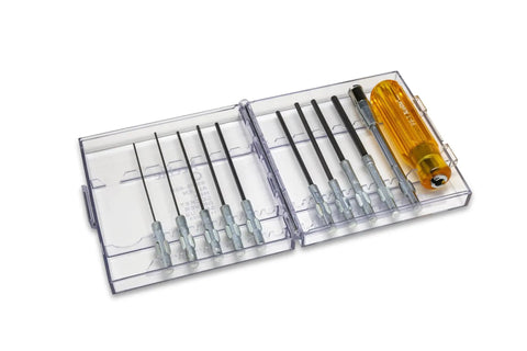 Hex Socket Screwdriver Set 11 Piece Inch Sizes With Ballpoint Tip For Tight Spots Hardened Steel Blades in clear case with yellow handle
