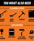You Might Also Need tools for Two Part Epoxy Garage Floor Coating Kit including pressure washer and scrub brush.