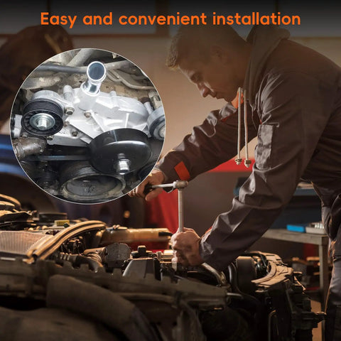 Mechanic installing Durable Engine Water Pump With Thermostat Direct Fit For Chevy Silverado 4.8L 5.3L And 6.0L Engines 1999-2006 And Cadillac 2002-2006 Replacement AW5087 12569519 19195104 252845