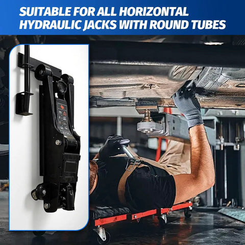 Wall Mount Jack Stand Rack Organizer For Hydraulic Floor Jacks Heavy Duty Holder And Brackets installed in garage view