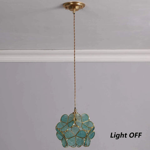 Petals Tiffany Style Stained Glass Ceiling Pendant Light with Eight Inch Lampshade in Textured Aqua Blue cherry blossom finish off.