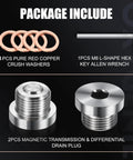 Package contents with 4 copper washers, M8 hex key, and stainless steel magnetic front differential oil fill and drain plugs set