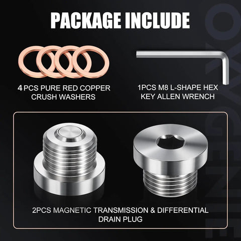 Package contents with 4 copper washers, M8 hex key, and stainless steel magnetic front differential oil fill and drain plugs set