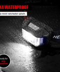 Rechargeable LED Headlamp With Ultra Bright Output, Motion Sensor Auto On Off, Waterproof Headlight, wet in rain, close-up.