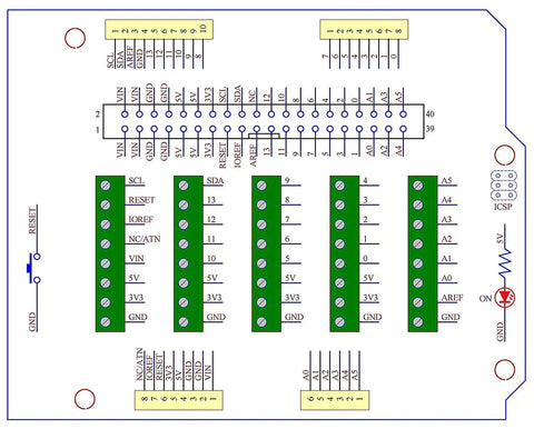 Diagram of Arduino Screw Terminal Block Breakout Module For Uno R3 Soldered And Ready To Use 3.5mm Pitch, 40 Pin IDC Header