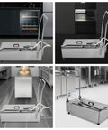 Heavy Duty Mobile Fryer Oil Filter Cart 370W 55 Gallon Stainless Steel Frying Machine with pump, viewed from different angles.