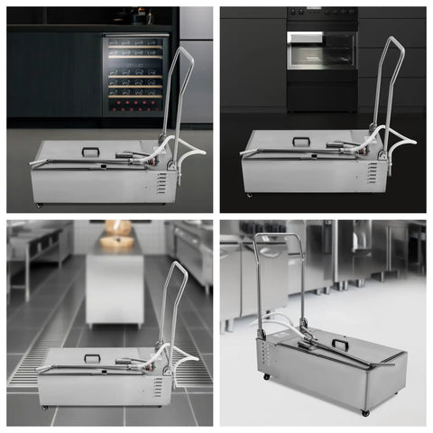 Heavy Duty Mobile Fryer Oil Filter Cart 370W 55 Gallon Stainless Steel Frying Machine with pump, viewed from different angles.