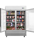 Heavy Duty Commercial Upright Freezer Rocking Slick Digital Temp Display Eight High Capacity Shelves with frozen foods.