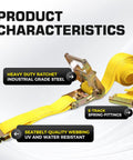 Heavy-duty ratchet strap with industrial-grade steel and seatbelt-quality webbing, part of 7 Inch Motorcycle Wheel Chock and E Track Ratchet Strap Bundle.