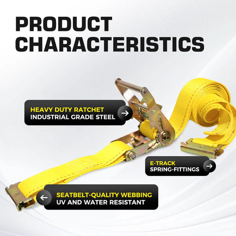 Heavy-duty ratchet strap with industrial-grade steel and seatbelt-quality webbing, part of 7 Inch Motorcycle Wheel Chock and E Track Ratchet Strap Bundle.