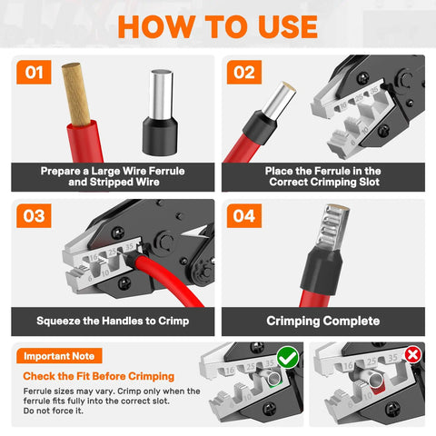 Heavy Duty Ferrule Crimping Tool For Large Wire Ferrules AWG 10 To 2 And 6 To 35 Mm2 Pro Grade Build For Electricians And Do It Yourself Projects With Easy Grip And Durable Construction, crimping steps