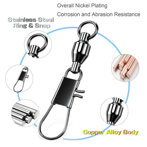 Saltwater Ball Bearing Snap Swivels Kit With Copper Alloy Body And Stainless Rings And Snaps, Beefy Heavy Duty Barrel Tackle Connectors, Black Nickel Finish, 25 Pcs, 23.7 Lb Break Strength, close-up