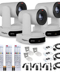 Top Tier 4K PTZ Camera Bundle Featuring Slick Auto Tracking And A Killer 30x Zoom Lens with three glossy white cameras and accessories.