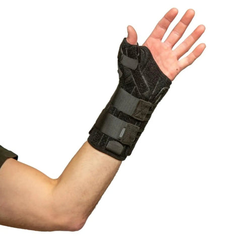 Titan Thumb Orthosis With Adjustable Lacing For One Hand Use, Left Hand Black, Highlighting Custom Malleable Stay and Removable Stays