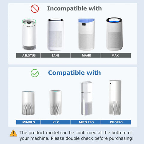 Air Purifier Filter Replacement for Afloia and Morento Models diagram showing compatible and incompatible units.