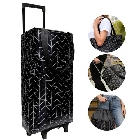 Heavy Duty Foldable Wheeled Grocery Cart With Insulated Waterproof Bag, Portable Tote for supermarkets, travel, camping, black.