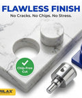 One And One Quarter Inch Diamond Hole Saw Kit With Water Guide next to drilled hole in marble, showcasing precise cut.