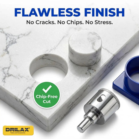 One And One Quarter Inch Diamond Hole Saw Kit With Water Guide next to drilled hole in marble, showcasing precise cut.