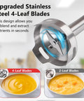 Cordless Immersion Hand Blender 3 In 1 With Whisk And Milk Frother No Cord Hassle 8 Speed Emulsion Mixer for Soups And Smoothies, showing stainless steel 4-leaf blade close-up