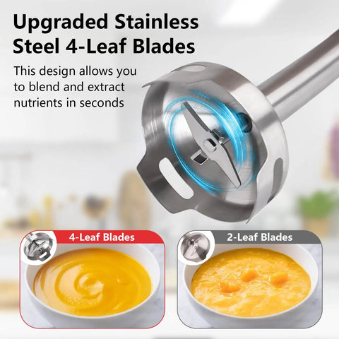 Cordless Immersion Hand Blender 3 In 1 With Whisk And Milk Frother No Cord Hassle 8 Speed Emulsion Mixer for Soups And Smoothies, showing stainless steel 4-leaf blade close-up
