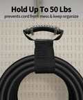 150 Ft 10 Gauge Outdoor Extension Cord Waterproof Built Tough Power Cable With 15 Amp 125 Volt Rating, SJTW, ETL Listed For Outdoor Tools, Lawn Care, Construction, And Weatherproof Use. coiled with holder on pegboard
