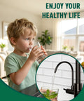 Child drinking water beside Fapully Pull-Down Kitchen Faucets, 3 Way Kitchen Sink Faucet with Pull Down Sprayer and Drinking Water Faucet.