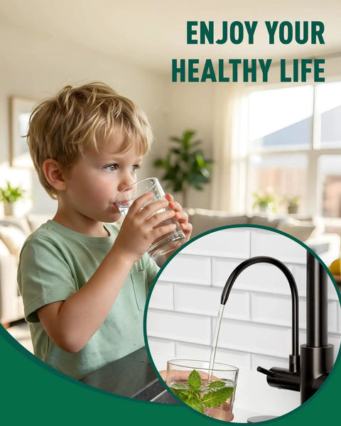 Child drinking water beside Fapully Pull-Down Kitchen Faucets, 3 Way Kitchen Sink Faucet with Pull Down Sprayer and Drinking Water Faucet.